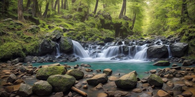 Водопад в лесу с зеленым фоном и голубым водным потоком.
