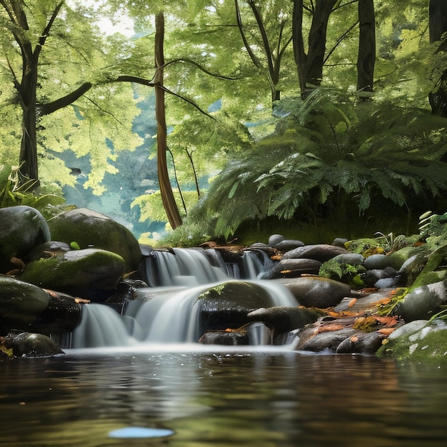 A waterfall in a forest with a green background and a tree in the background.