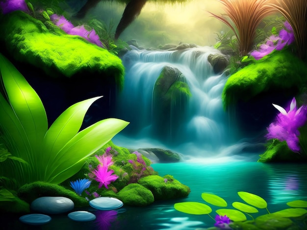 A waterfall in the forest with a green background