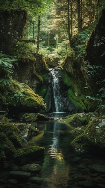 A waterfall in a forest with a green background