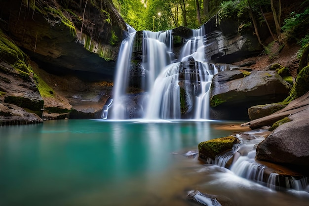 A waterfall in the forest with a green background