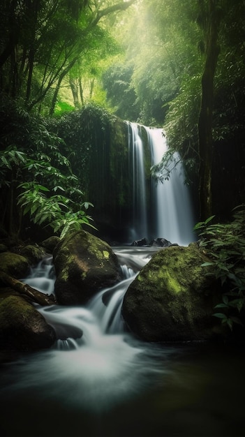 A waterfall in the forest with a green background