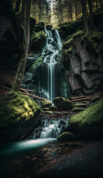 A waterfall in a forest with a green background