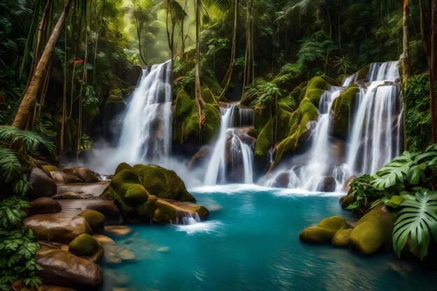 A waterfall in the forest with a green background