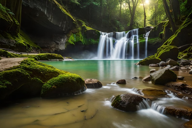 A waterfall in a forest with green moss and a mossy rock pool.