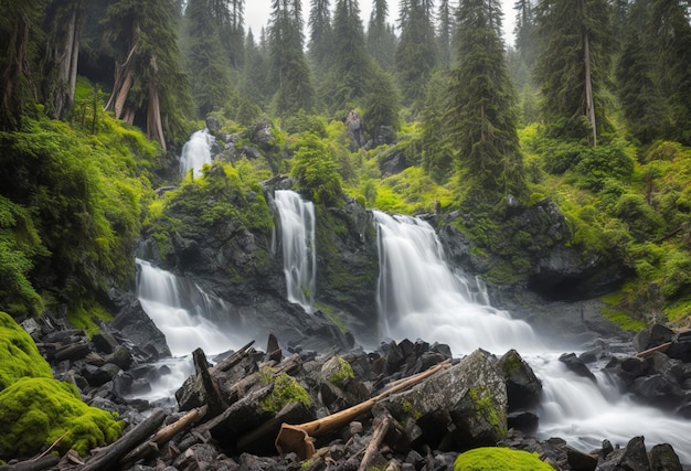 Водопад в лесу с зеленым мхом на скалах