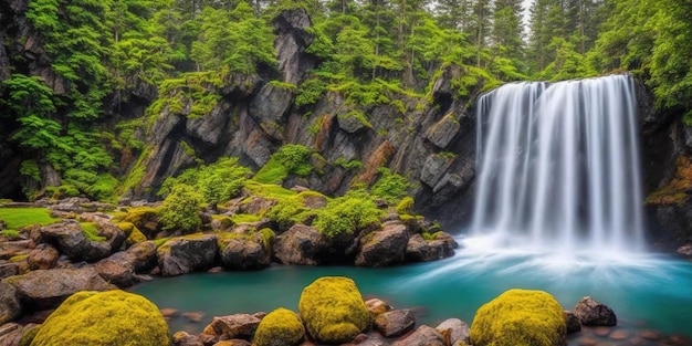 A waterfall in the forest with green moss on the rocks