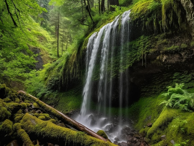 A waterfall in a forest with green moss and a tree trunk.