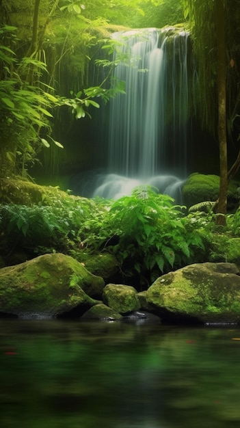 A waterfall in a forest with green moss and a waterfall