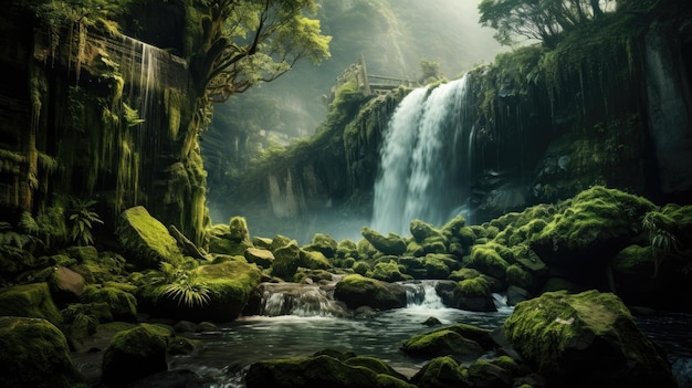 a waterfall in the forest with a green mossy background.