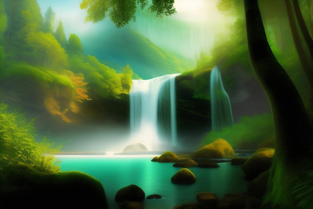 A waterfall in a forest with green trees and a green background