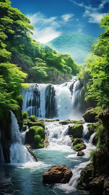 Waterfall in the forest with green trees