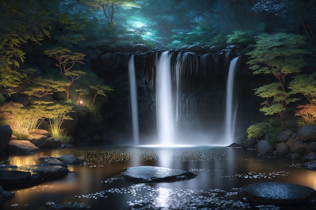 A waterfall in a forest with a lantern on the water