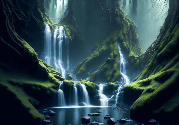 A waterfall in a forest with moss on the bottom