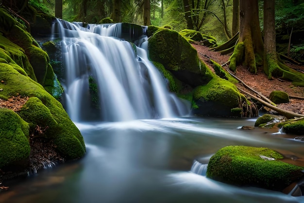 A waterfall in a forest with moss covered rocks