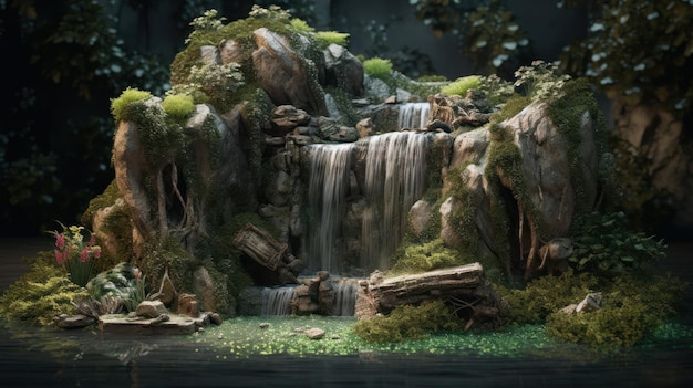 A waterfall in a forest with moss and moss