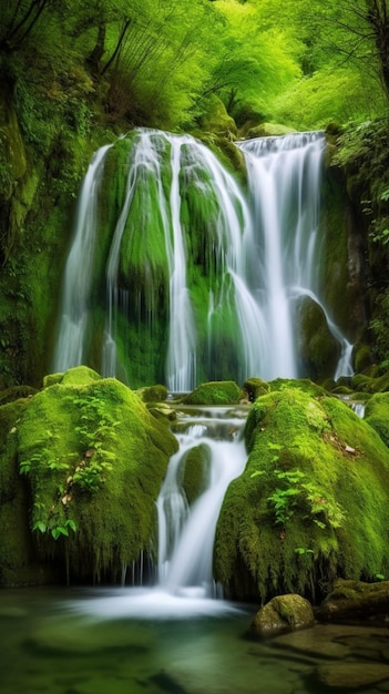 A waterfall in the forest with moss on the rocks