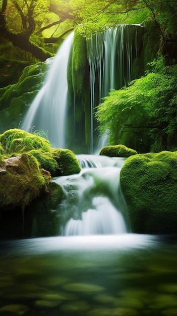 A waterfall in the forest with moss on the rocks