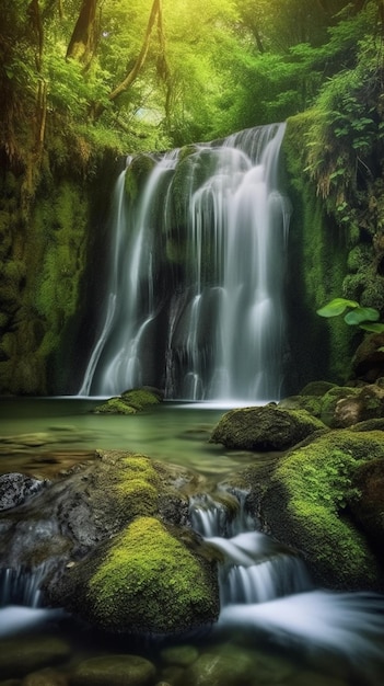 A waterfall in the forest with moss on the rocks