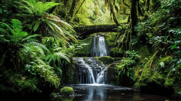 A waterfall in a forest with a mossy bridge