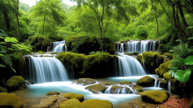 a waterfall in the forest with mossy rocks and green moss.