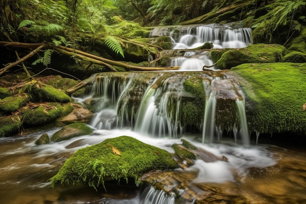 苔むした岩と苔むした岩が広がる森の中の滝。