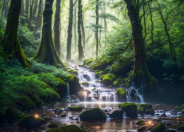 Foto una cascata in una foresta con rocce coperte di muschio e alberi.