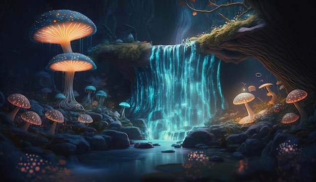 A waterfall in the forest with mushrooms on the bottom