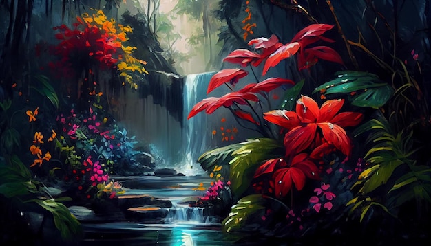 A waterfall in the forest with red flowers