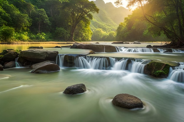 a waterfall in a forest with rocks and trees in the background