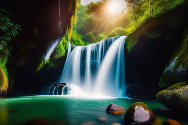 A waterfall in a forest with the sun shining on it
