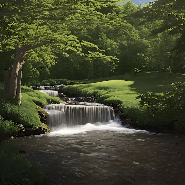 A waterfall in a forest with the sun shining on it.