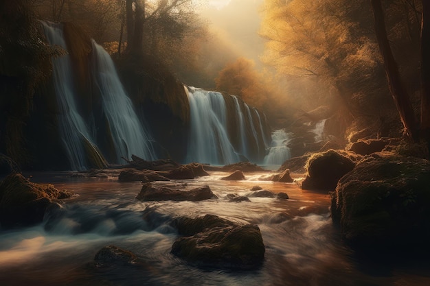 A waterfall in a forest with the sun shining through the trees