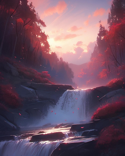 A waterfall in the forest with a sunset in the background