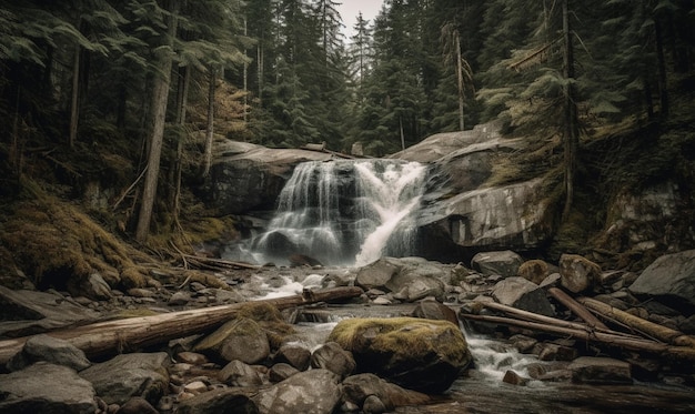 Photo a waterfall in the forest with trees in the background