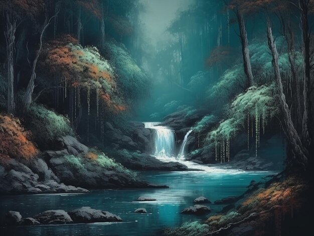 A waterfall in a forest with trees and a waterfall