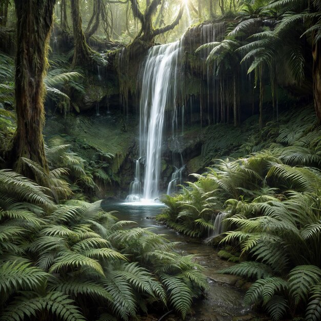 a waterfall in a forest with a waterfall in the background