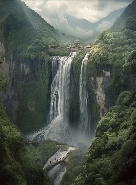 Водопад в лесу с водопадом на заднем плане