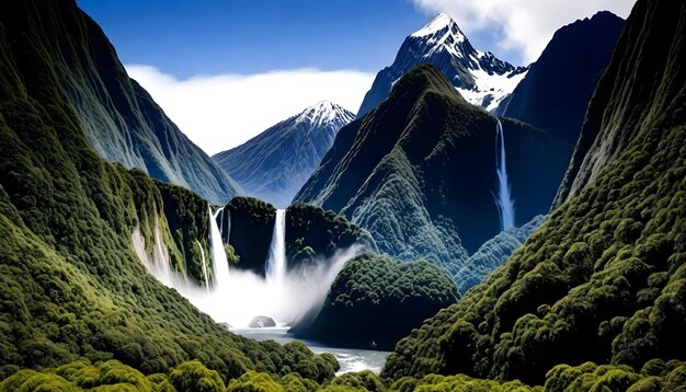 a waterfall in front of a mountain with a mountain in the background