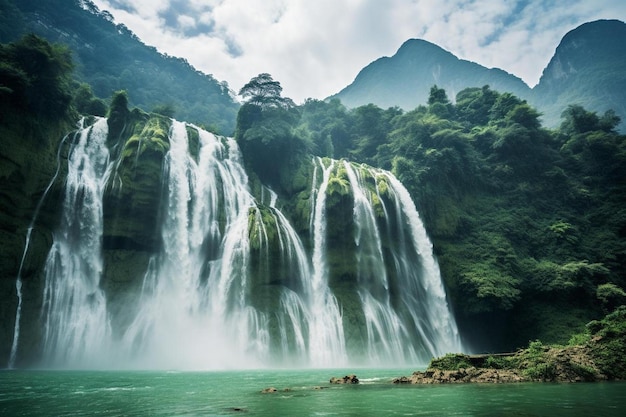 a waterfall in front of a mountain with a mountain in the background