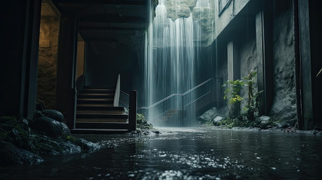 家に続く階段のある夜の庭の滝