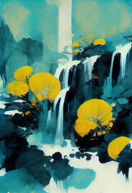Waterfall gardens cyan and yellow rough ink sketch Generative Ai