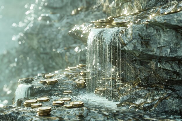Foto una cascata di monete d'oro scende in cascata da una scogliera rocciosa