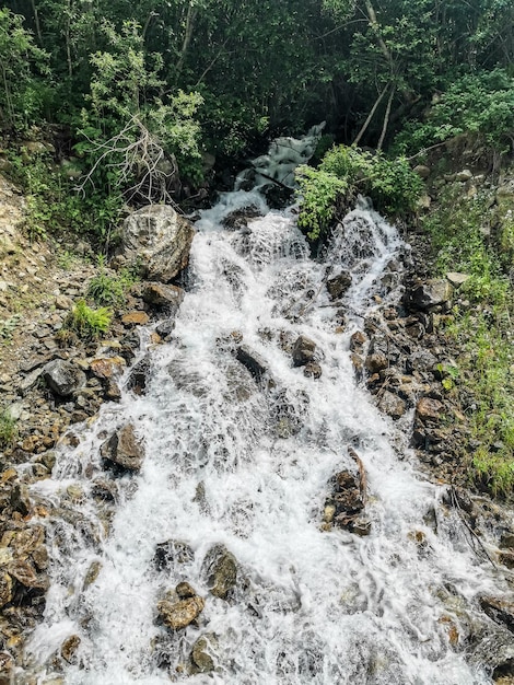 Waterfall in the gorge of the Cherek River in the vicinity of the Ushtulu tract Caucasus June 2021