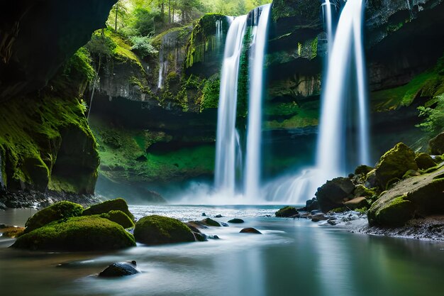 A waterfall in a green cave with a green mossy wall behind it.