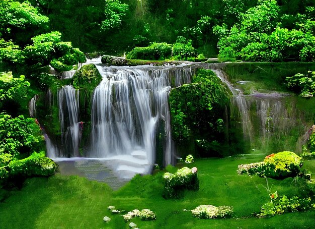 Photo waterfall and green garden forest