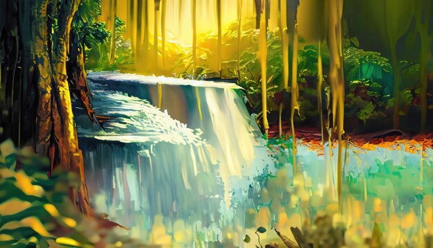 Photo waterfall green tropical forest nature blurred gold background