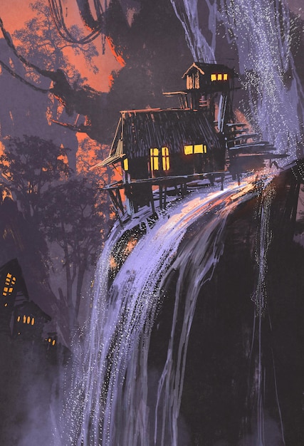 waterfall house at sunset,digital painting