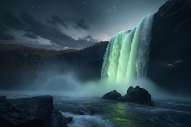 A waterfall in iceland with a starry sky