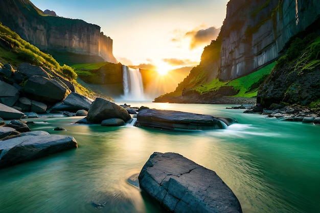 A waterfall in iceland with the sun setting behind it